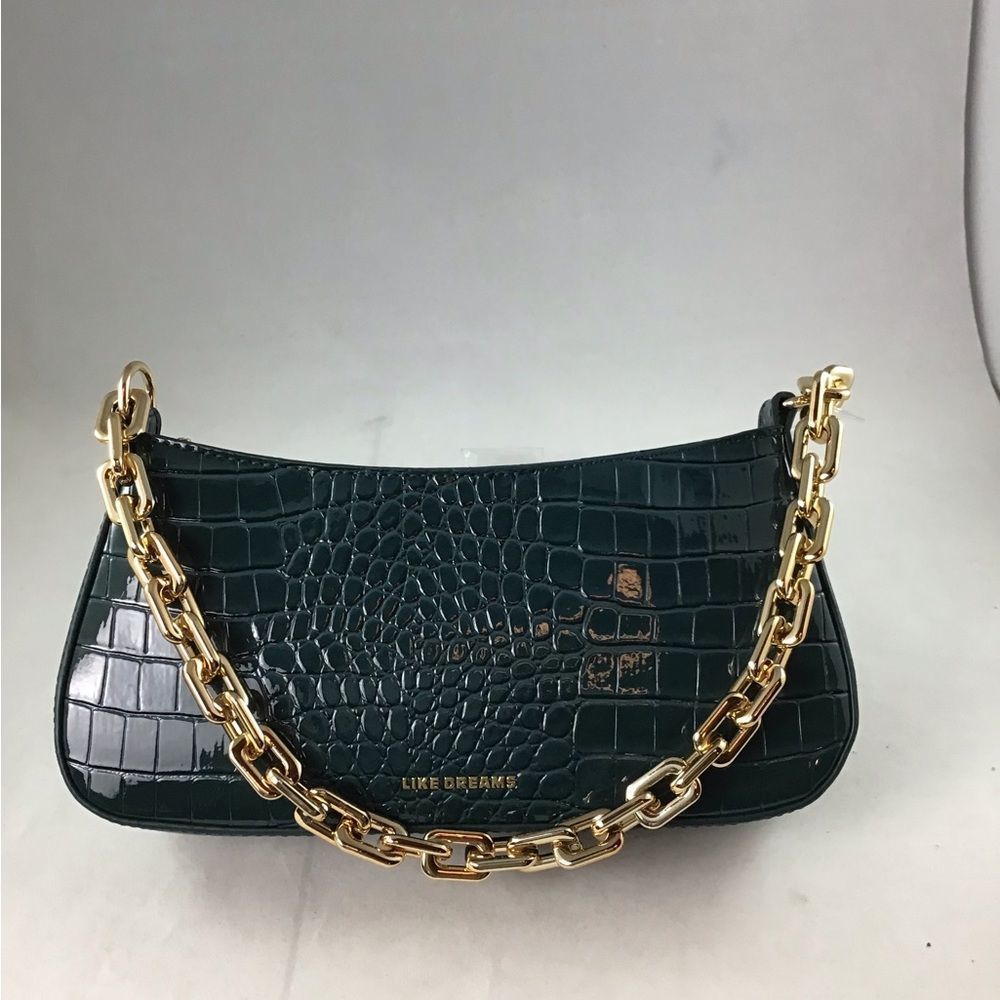 Like Dreams patent vegan croc print teal purse.